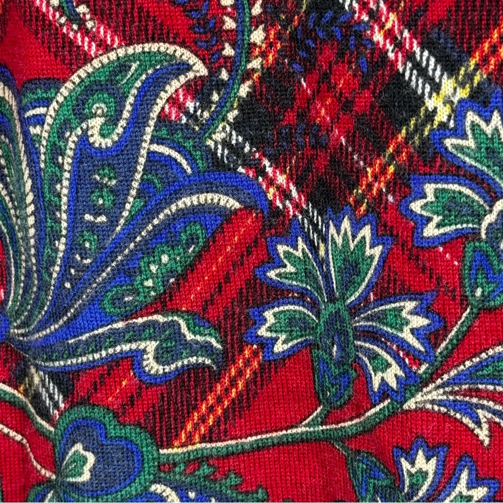 Talbots Size Medium Lightweight 100% Merino Wool Red Plaid/Paisley Sweater - Picture 8 of 11